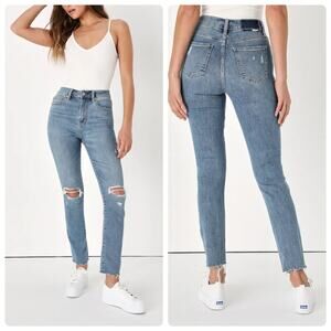 DAZE Repreve High Rise Distressed Skinny Jeans Size 29 Raw Hem Light Wash